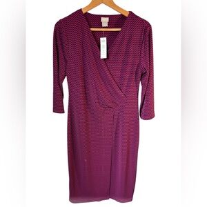 NWT Chico's Faux Wrap Dress Size 0 (S) 3/4 Sleeve Magenta Blue Print Midi Career